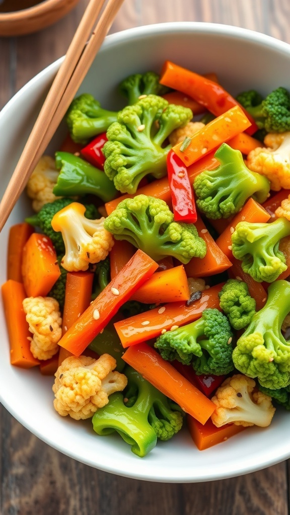 A colorful cauliflower leaf stir-fry with bell peppers and carrots, garnished with sesame seeds, served in a white bowl.